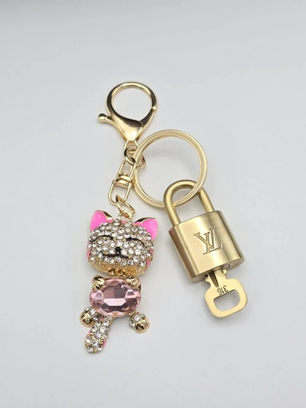 Authentic LV Gold Padlock & Key Set ✨Luxury Bag Charm w/ Unbranded Cat Keychain